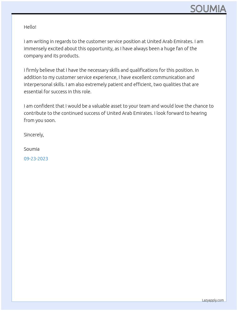 customer service  At United Arab emirate  Cover Letter
