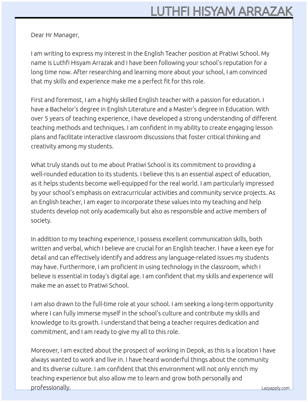 English Teacher At Pratiwi School Cover Letter
