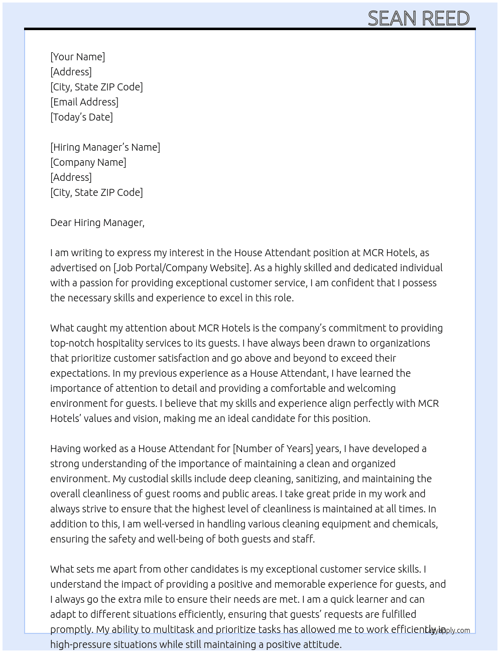 House attendant  At MCR hotels Cover Letter