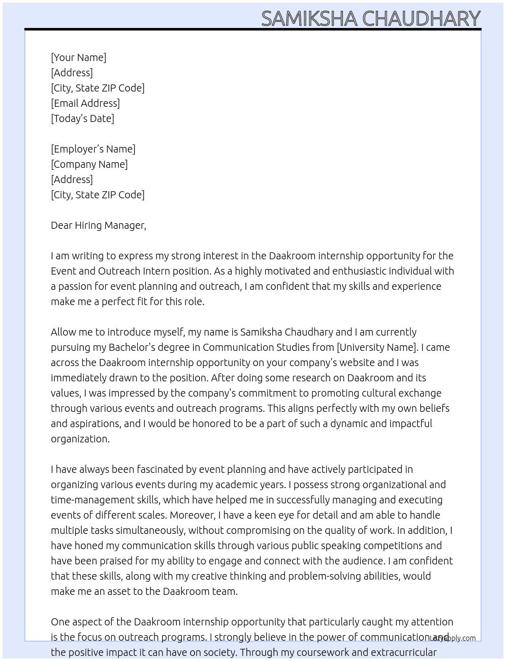 Daakroom internship opportunity: Event and outreach intern  At Daakroom  Cover Letter