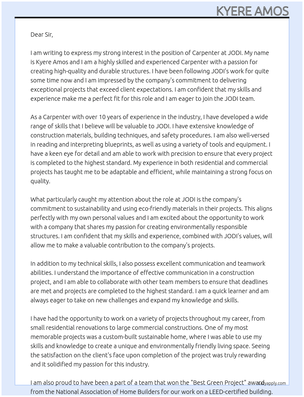 CARPENTER At JODI Cover Letter
