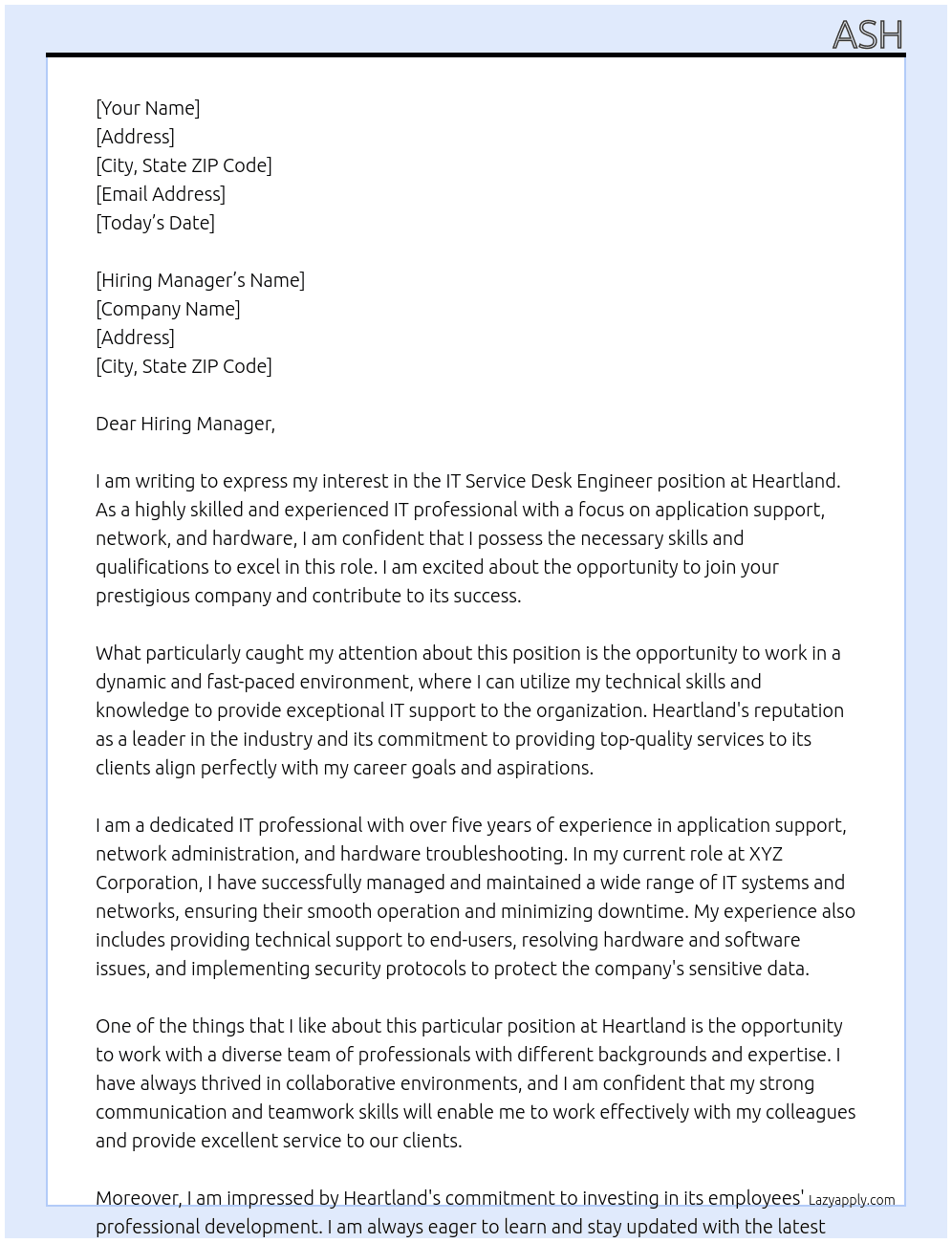 IT Service Desk Engineer At Heartland Cover Letter