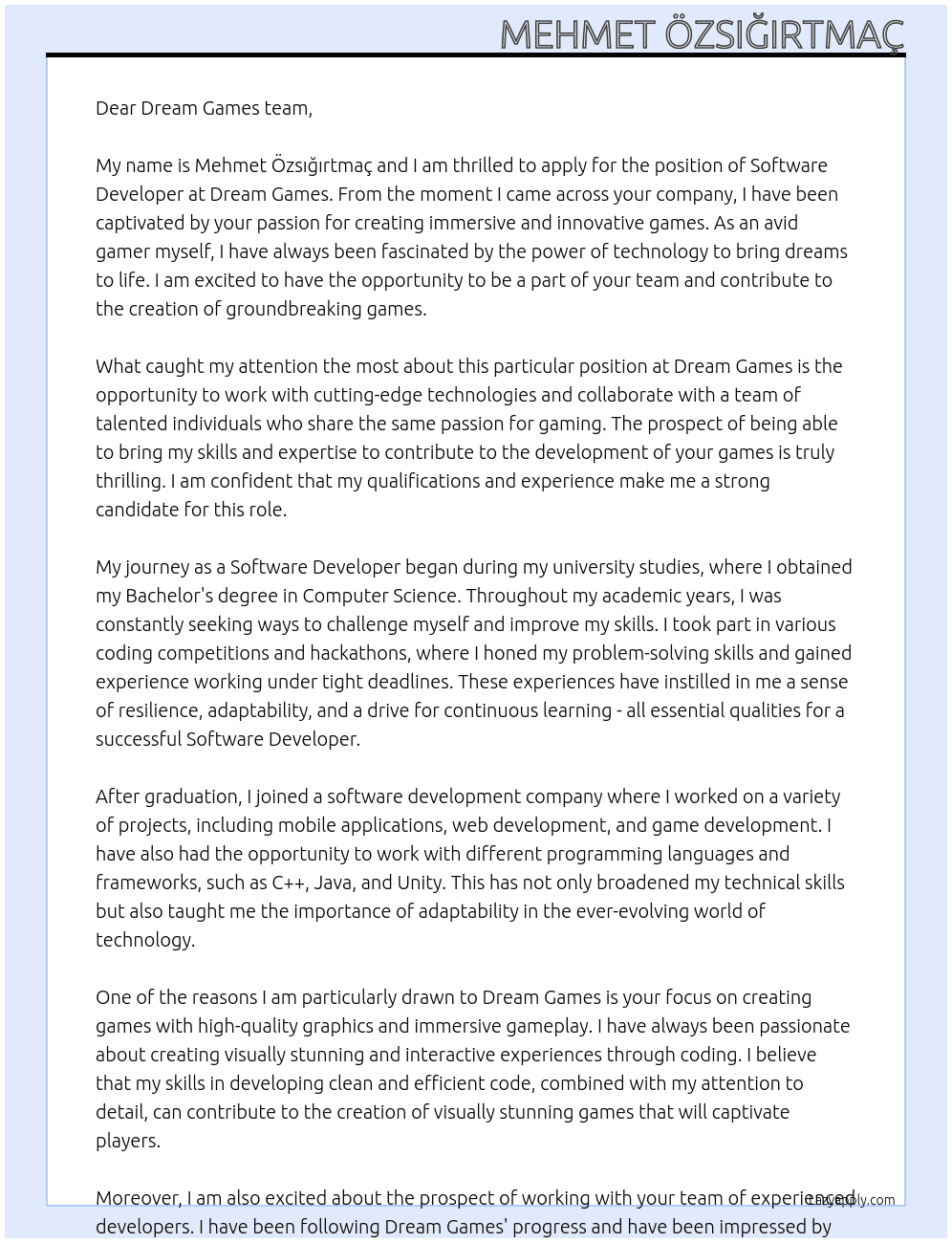 Software Developer At Dream Games Cover Letter