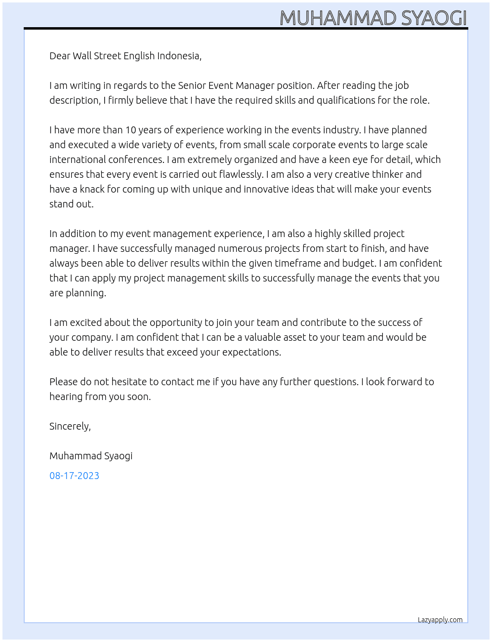 Senior Event Manager At Wall Street English Indonesia Cover Letter