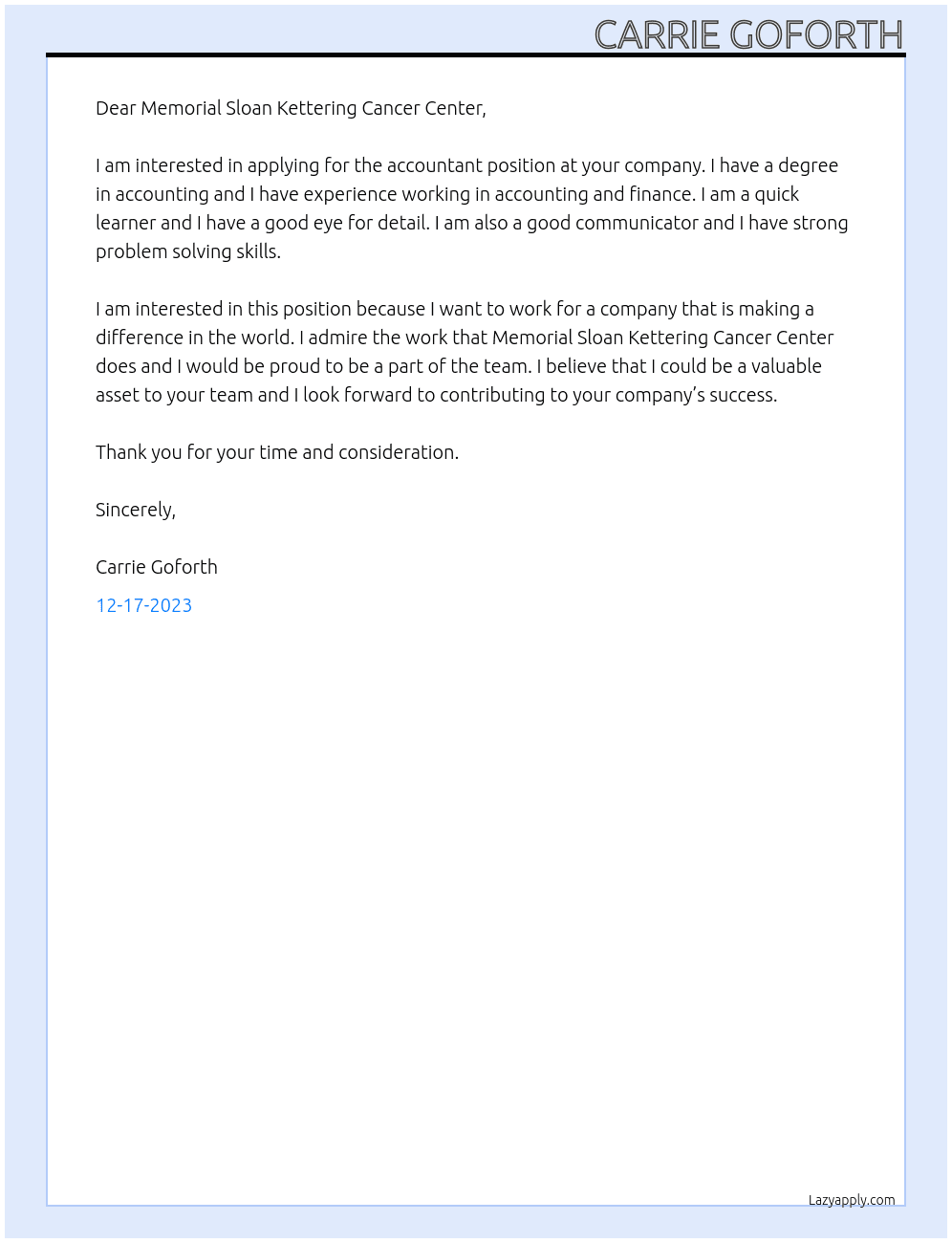Accountant At Memorial Sloan Kettering Cancer Center Cover Letter