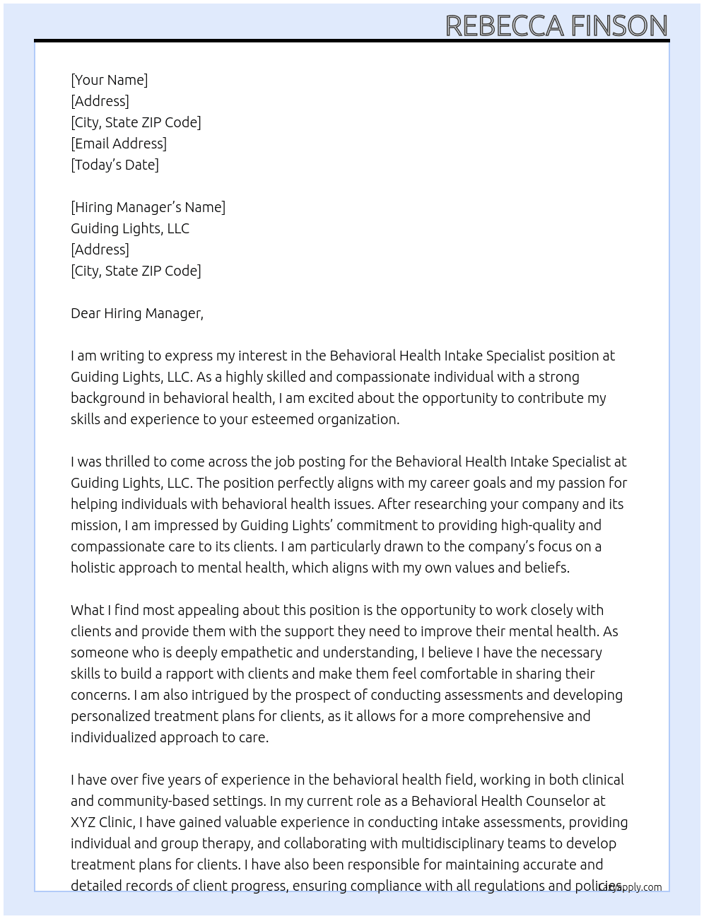 Behavioral Health Intake Specialist At Guiding Lights, LLC Cover Letter