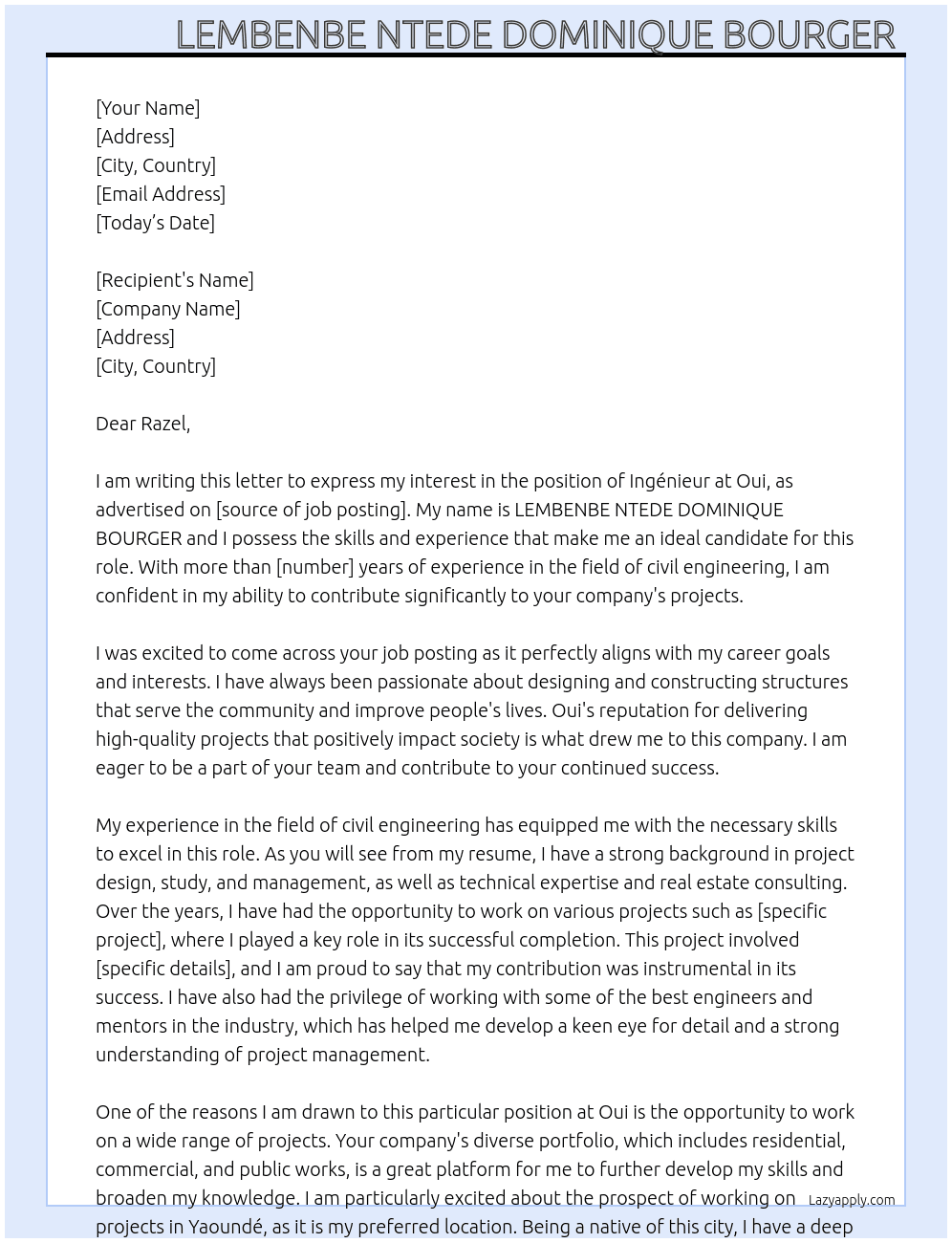 Ingénieur  At Oui Cover Letter