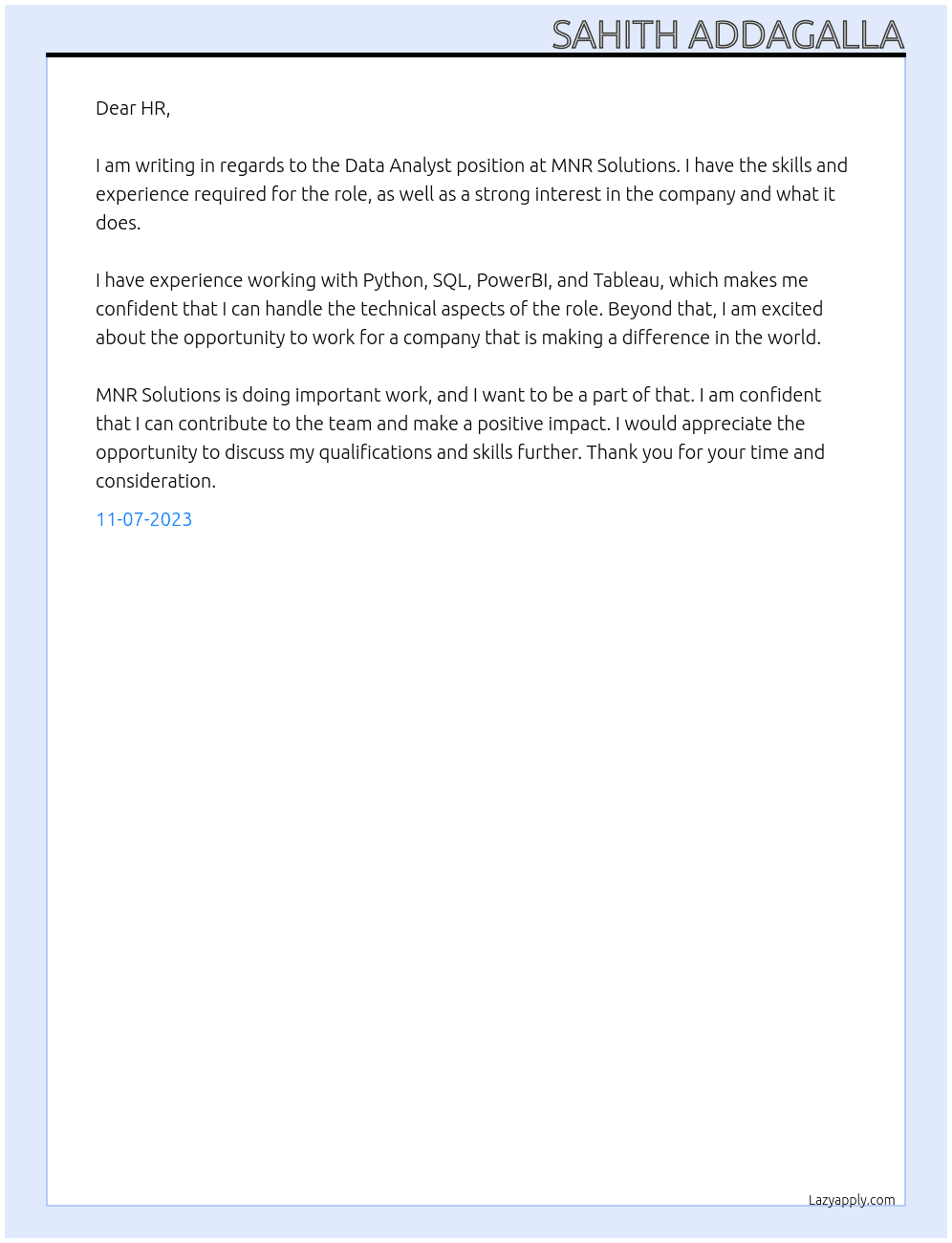 data analyst At mnr solutions Cover Letter