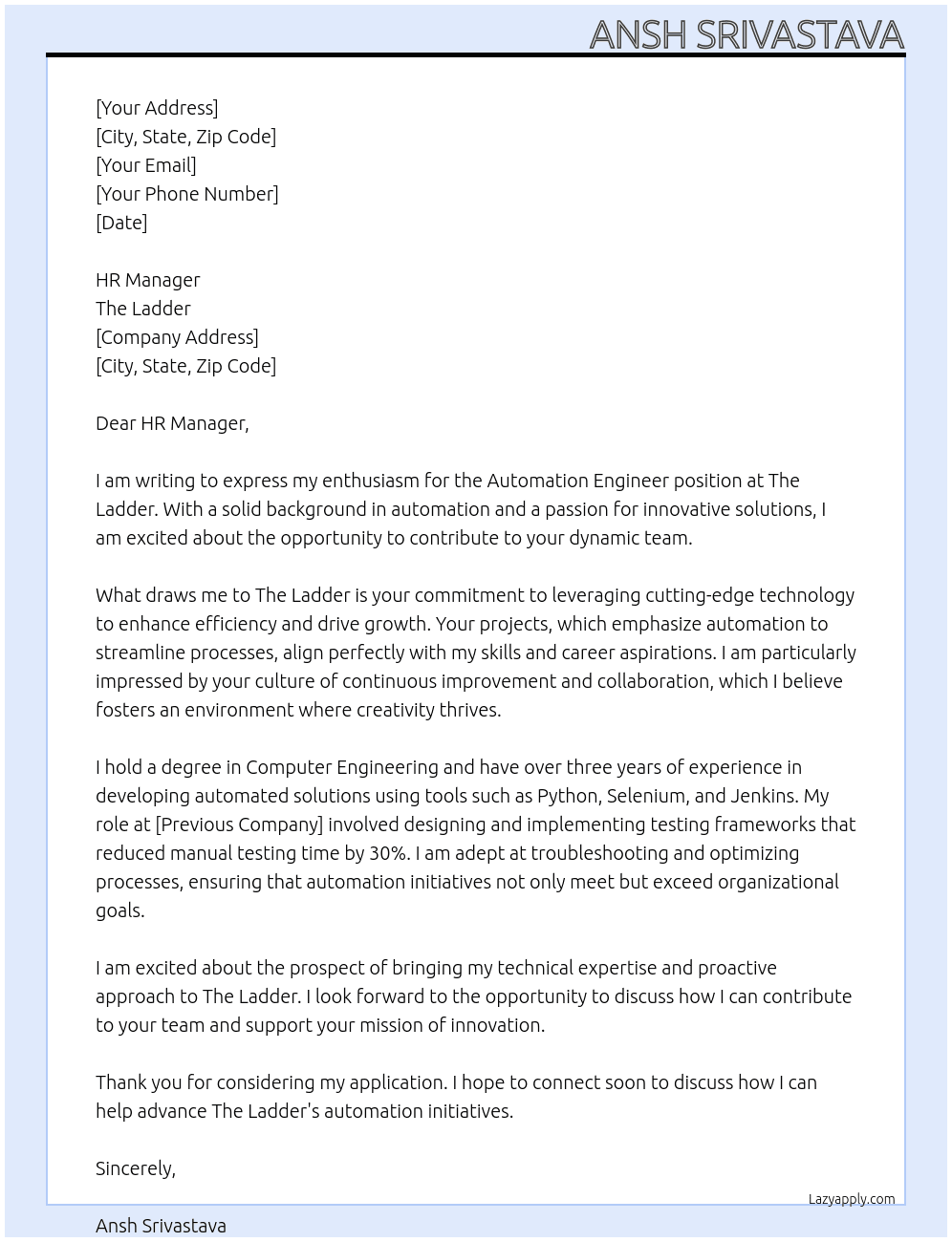 Automation Engineer At The Ladder Cover Letter