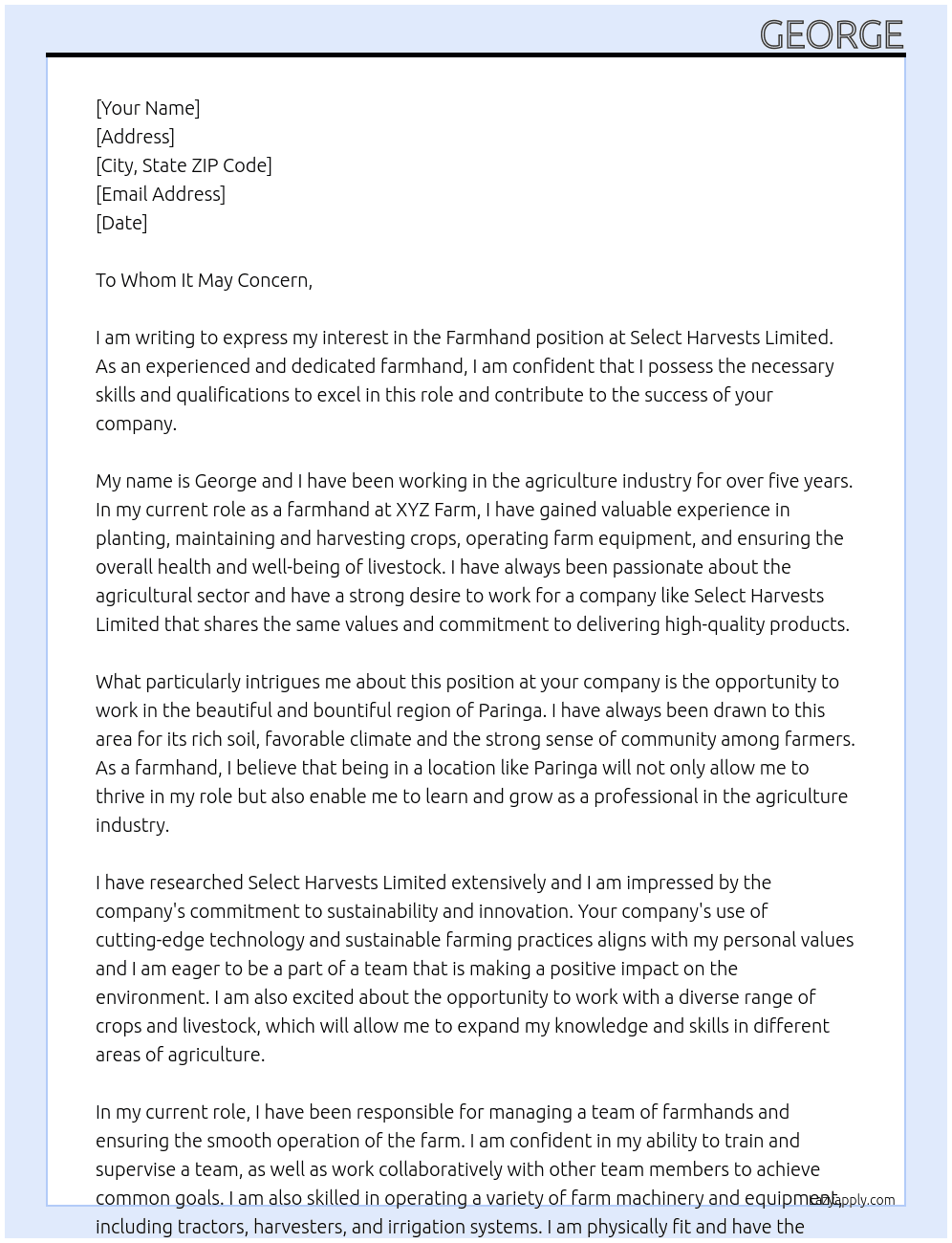 Farmhand  At Select harvests limited  Cover Letter