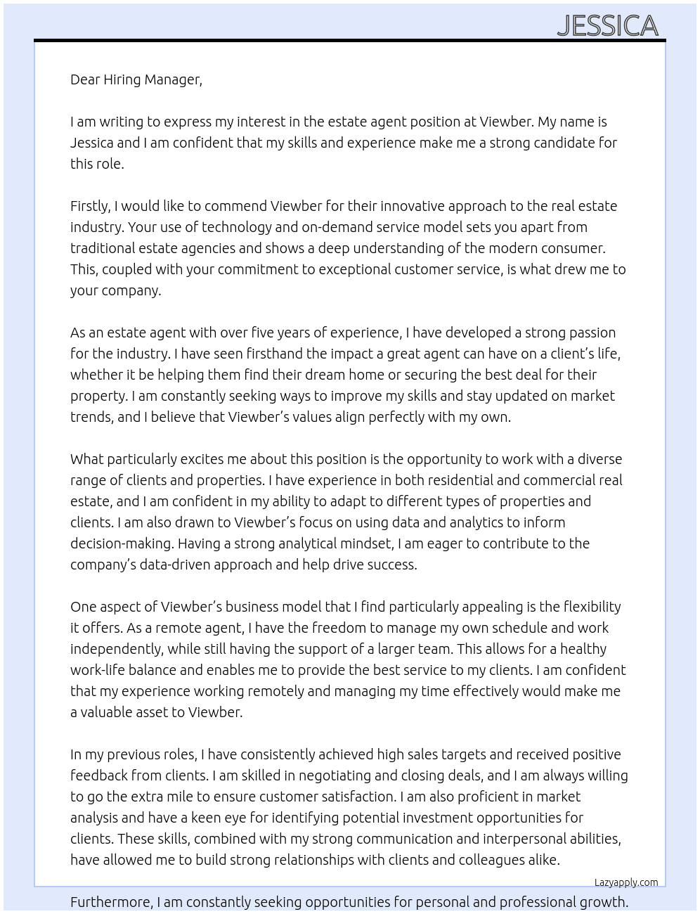 estate agent  At viewber Cover Letter