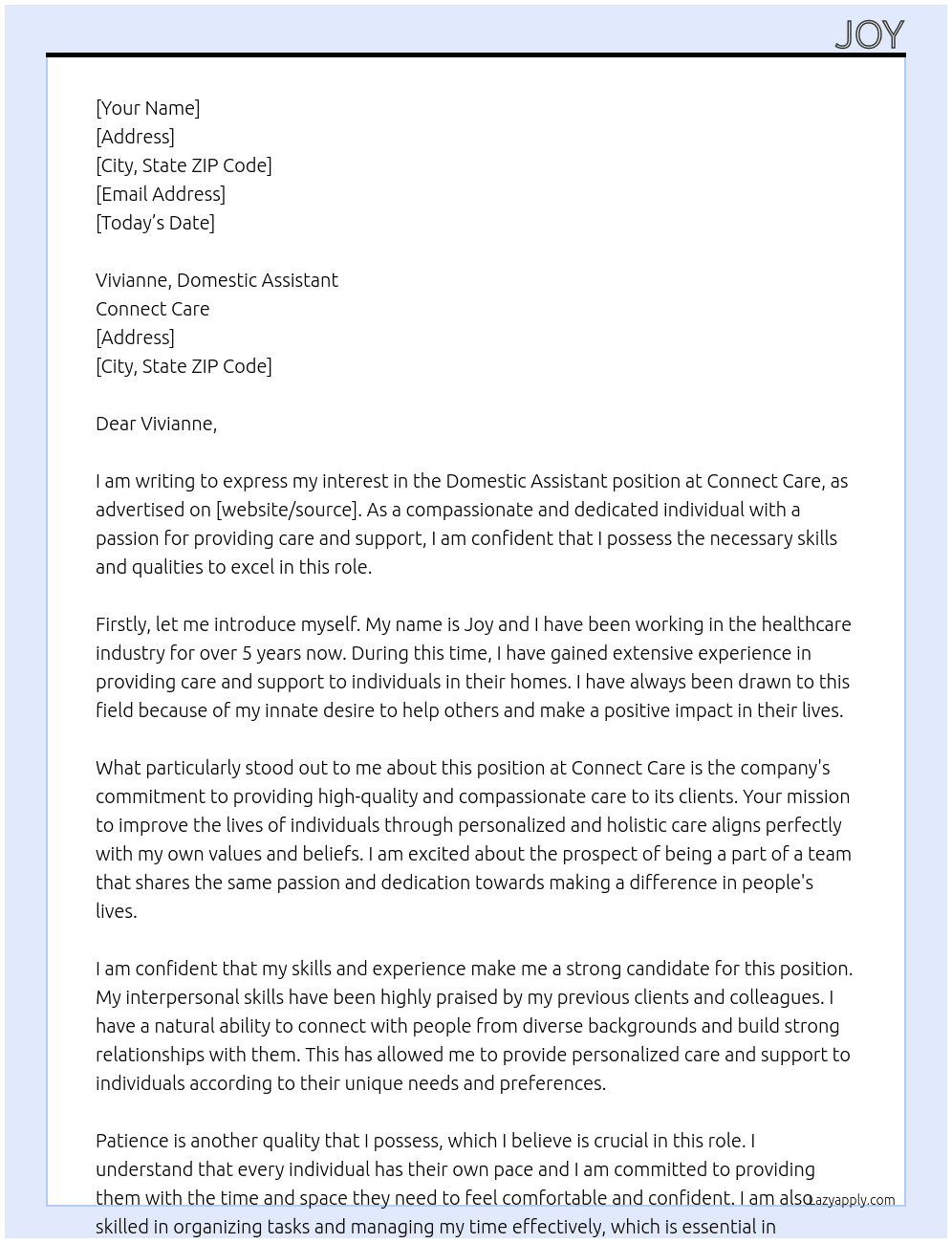 Domestic Assistant - Home Care At Connect Care Cover Letter