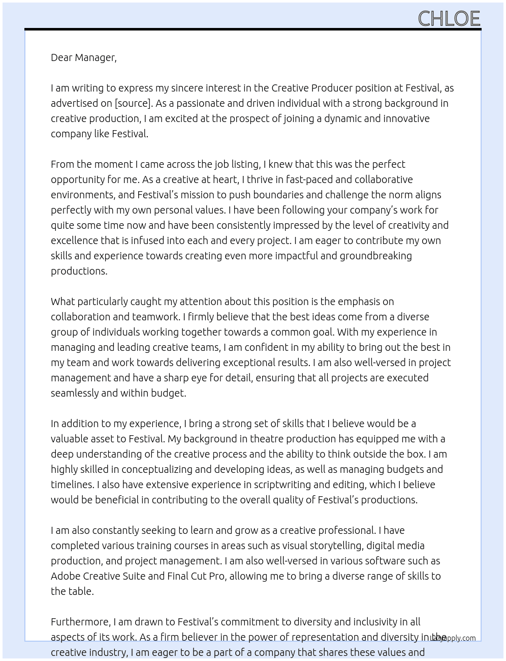 creative producer  At festival Cover Letter