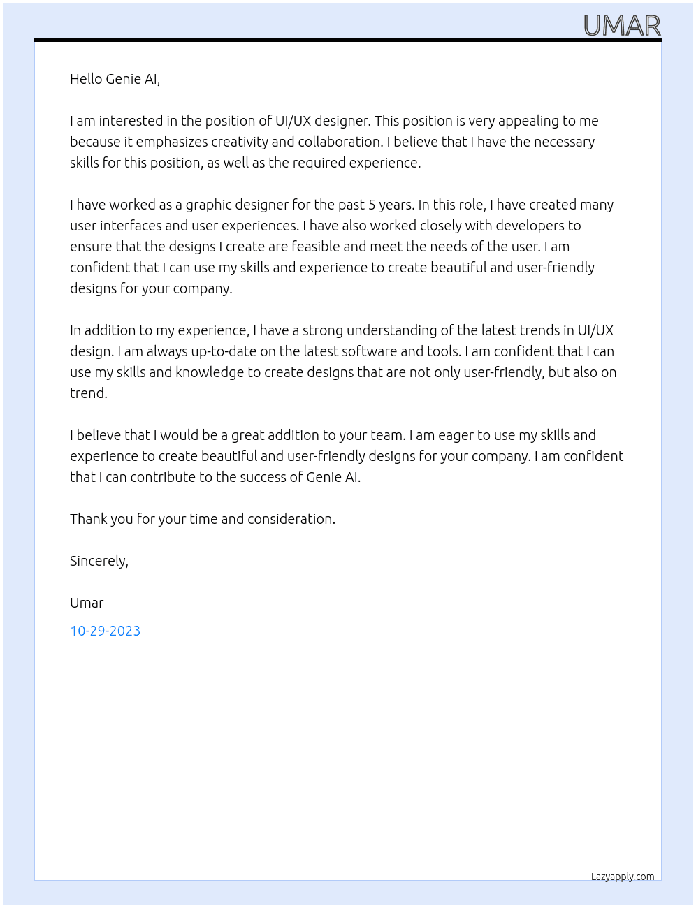 UI/UX designer At Genie AI Cover Letter