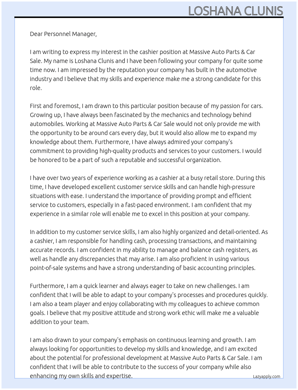 cashier At Massive auto parts  & Car Sale Cover Letter