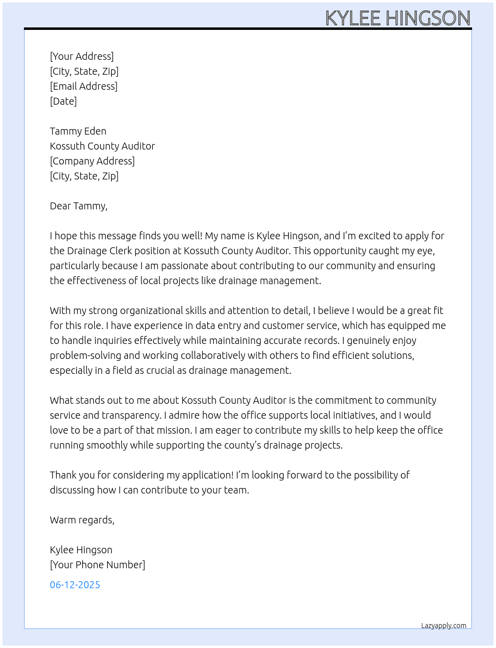 Cover letter for drainage clerk - LazyApply