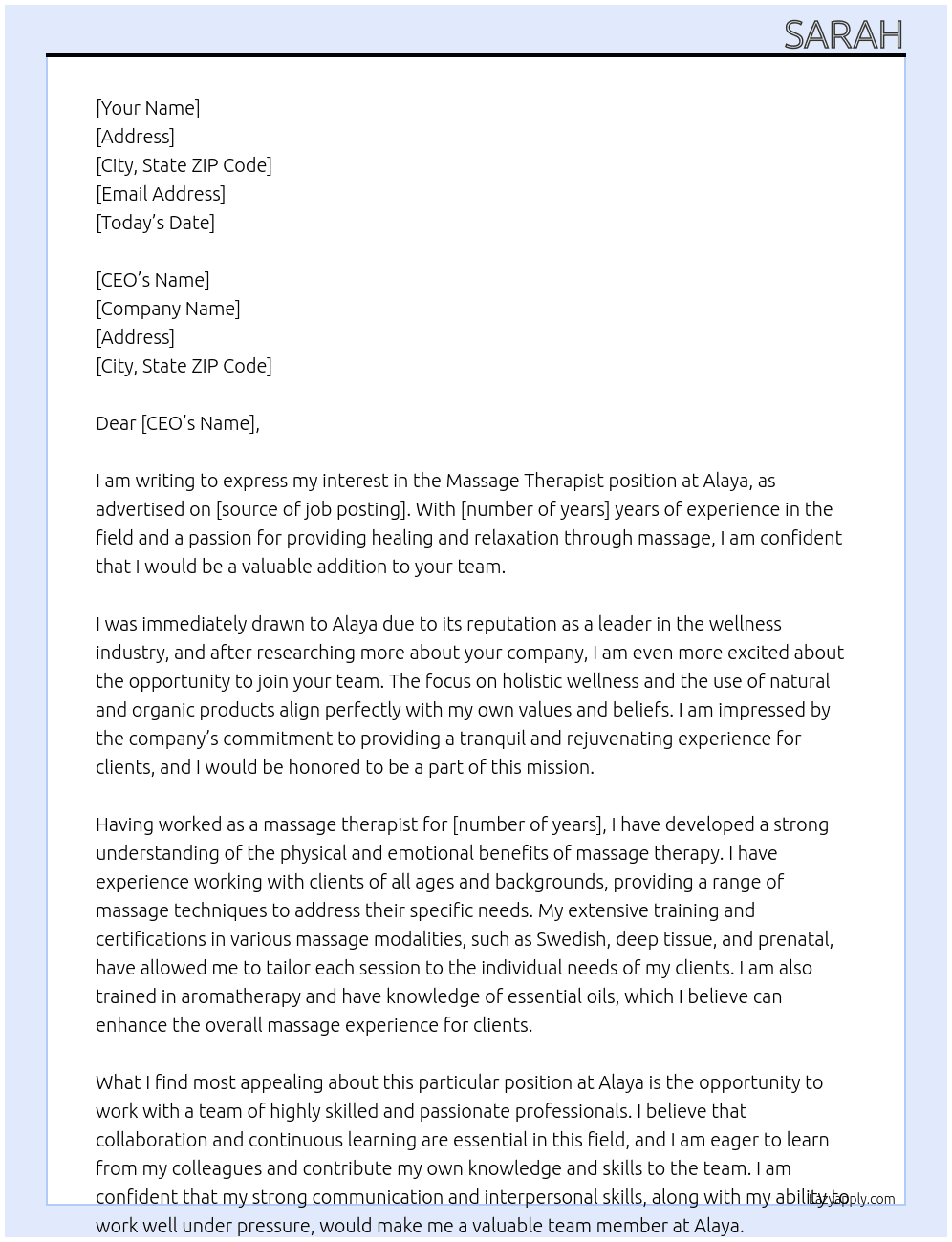 massage therapist At Alaya Cover Letter