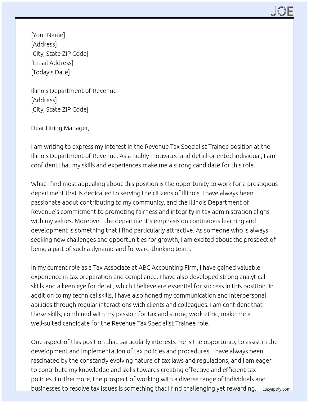 Revenue Tax Specialist Trainee At Illinois Department of Revenue Cover Letter