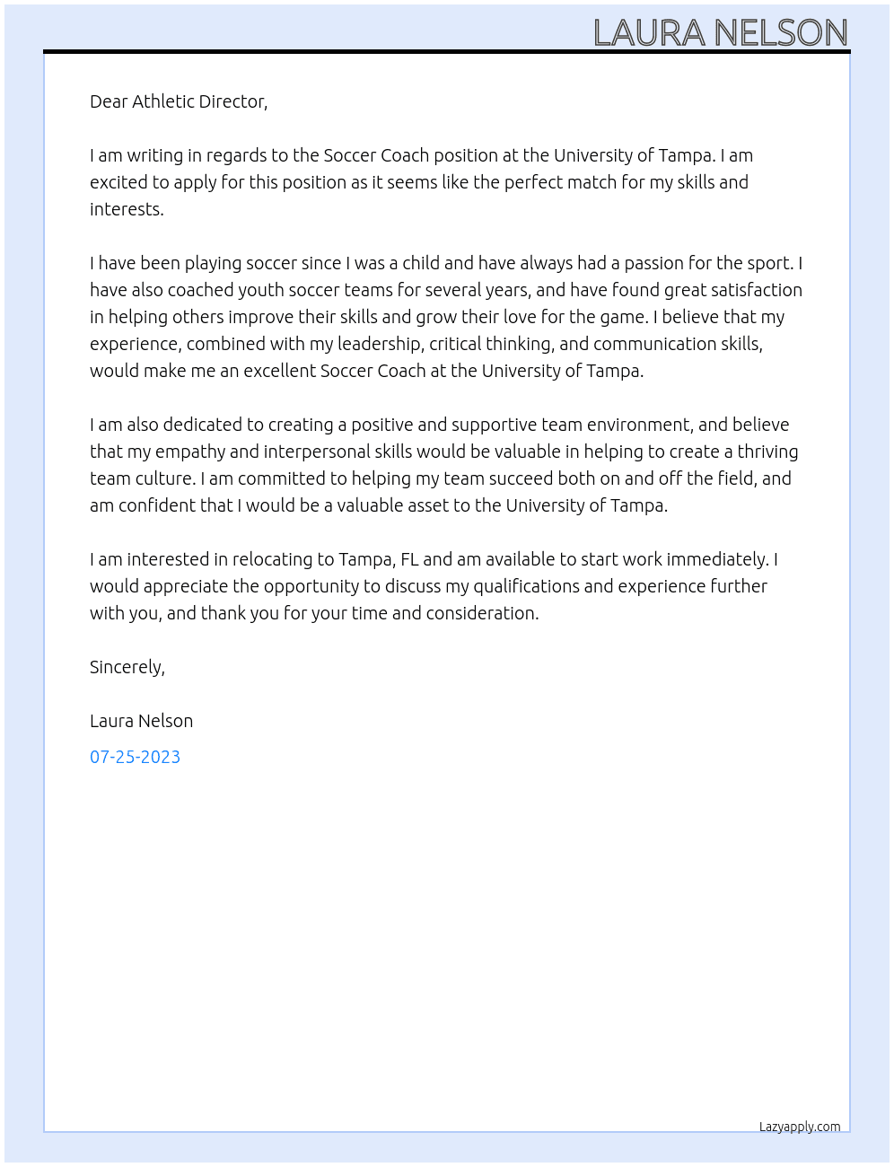 Soccer Coach At University of Tampa Cover Letter