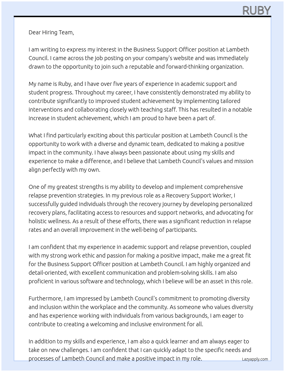 Business support officer At Lambeth Council Cover Letter