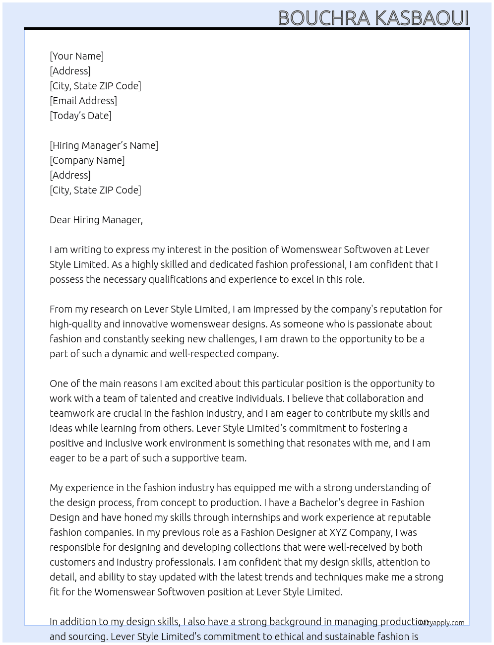 Womenswear Softwoven  At Lever Style Limited Cover Letter