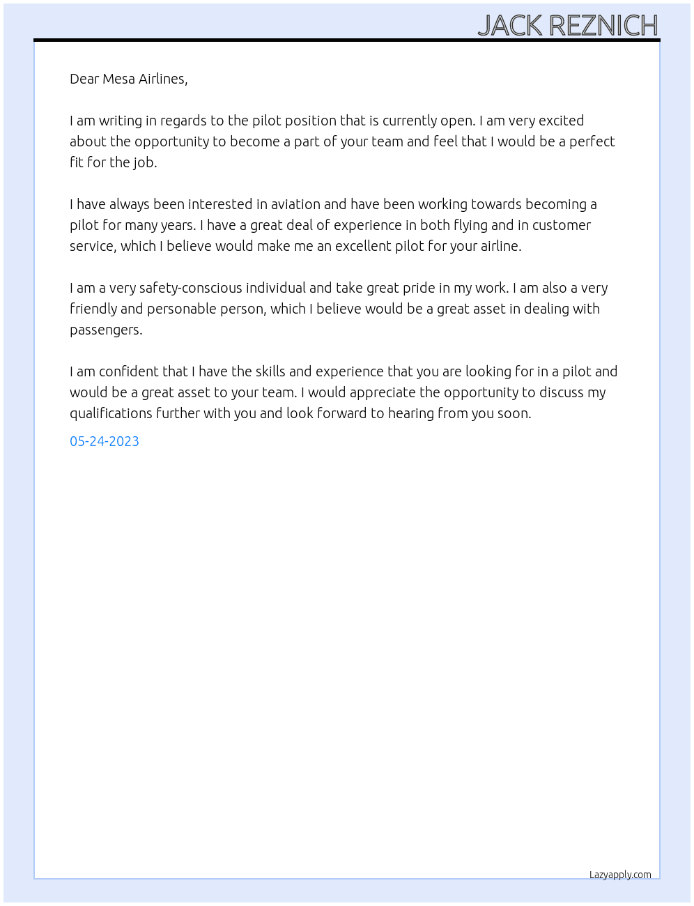 Pilot At Mesa Airlines Cover Letter