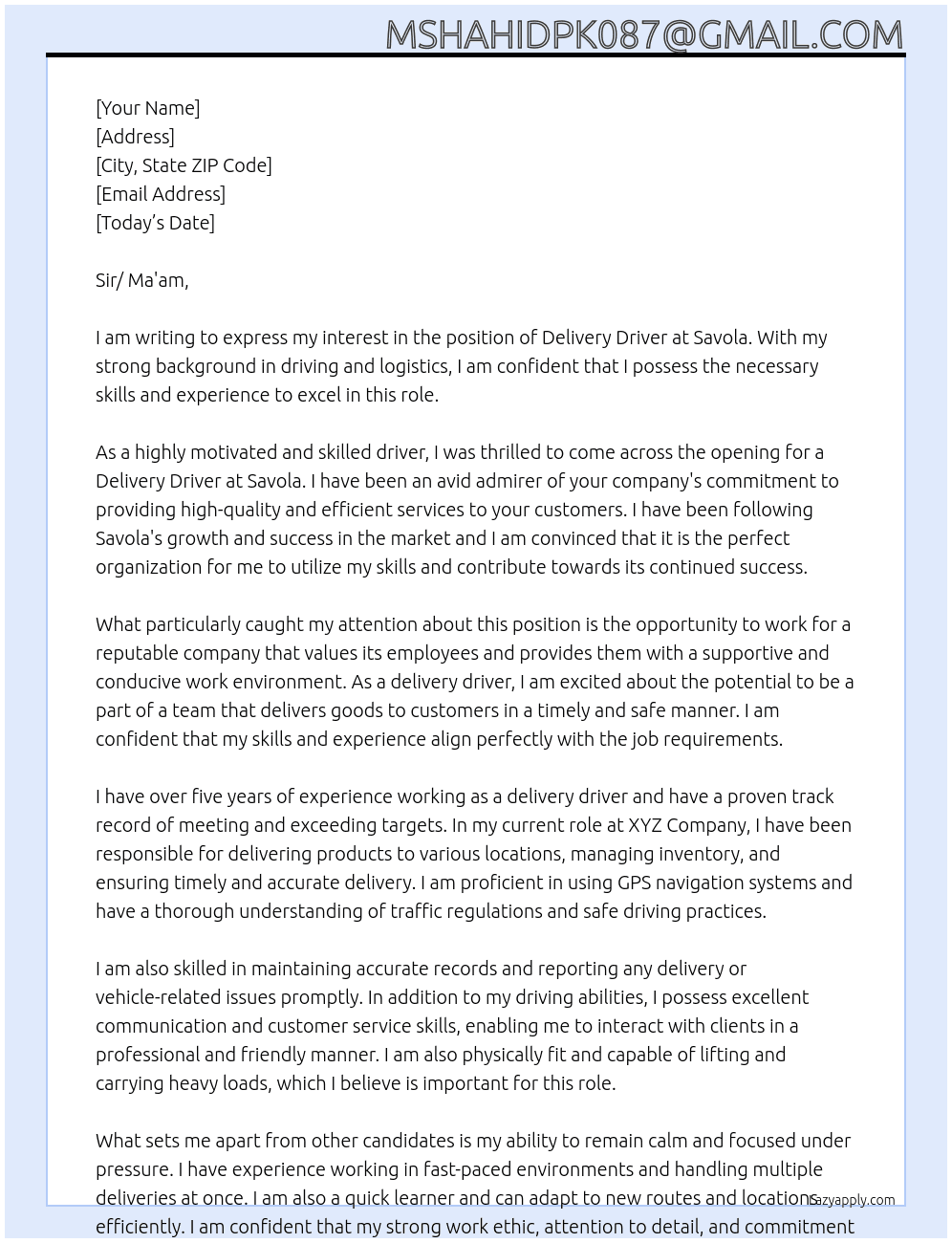 Delivery Driver At Savola Cover Letter