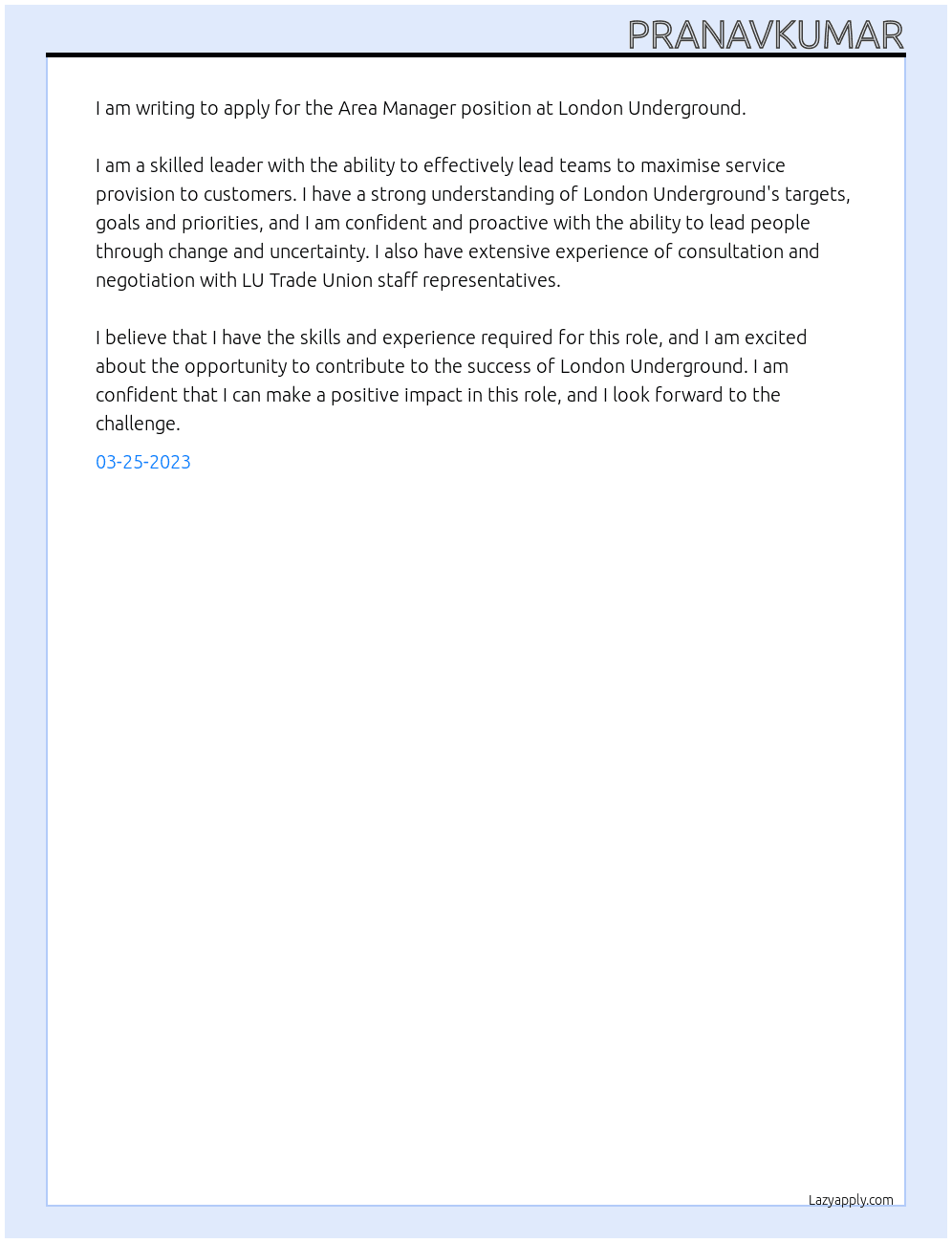 Area Manager At London underground Cover Letter