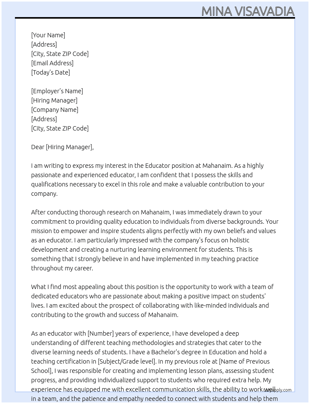 educator At mahanaim  Cover Letter
