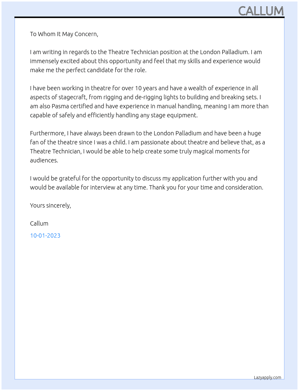 Theatre technician  At Lw theatres Cover Letter