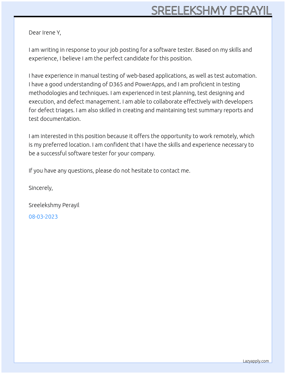 software tester At Peoplebank's client Cover Letter
