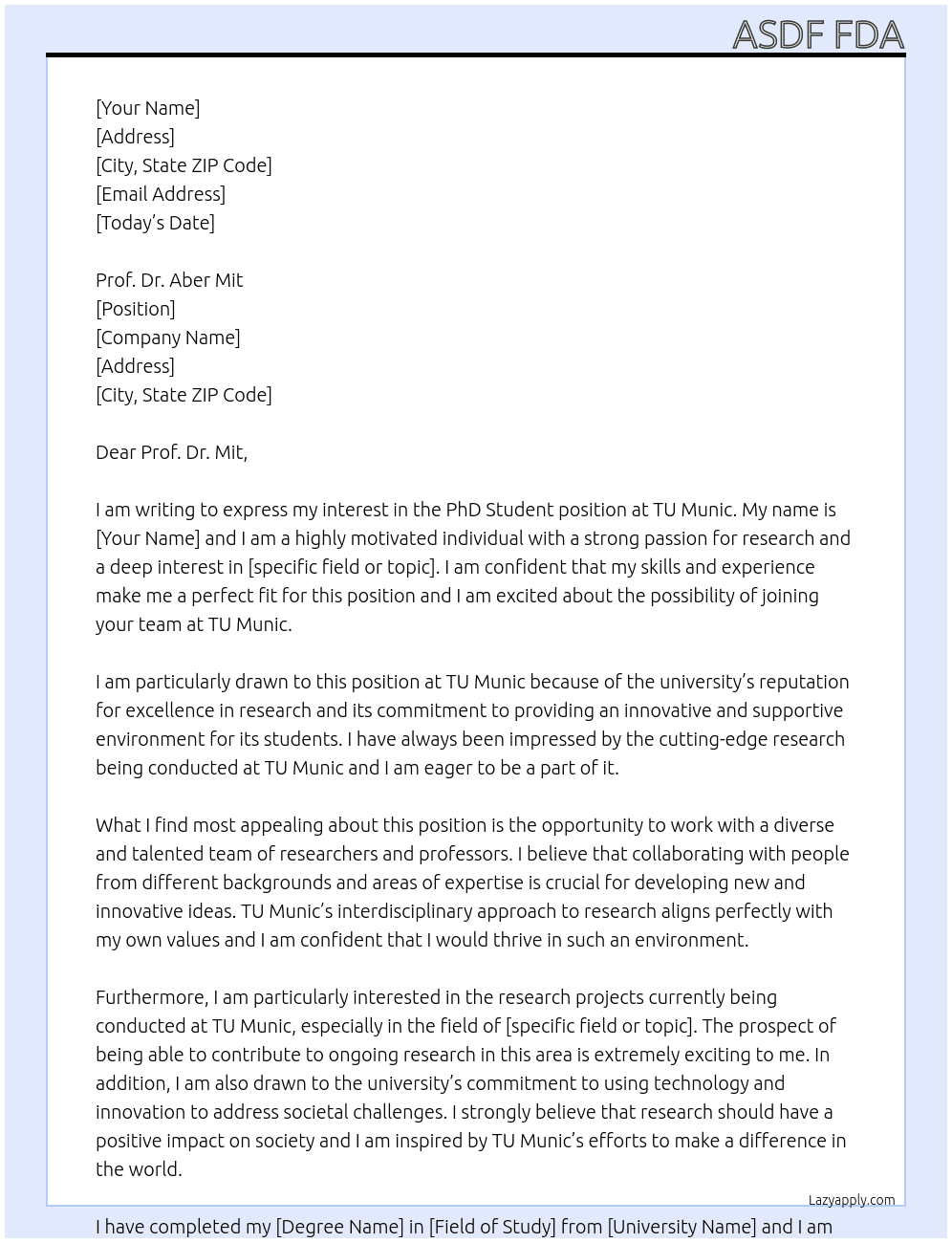 PhD Student At tu munic Cover Letter