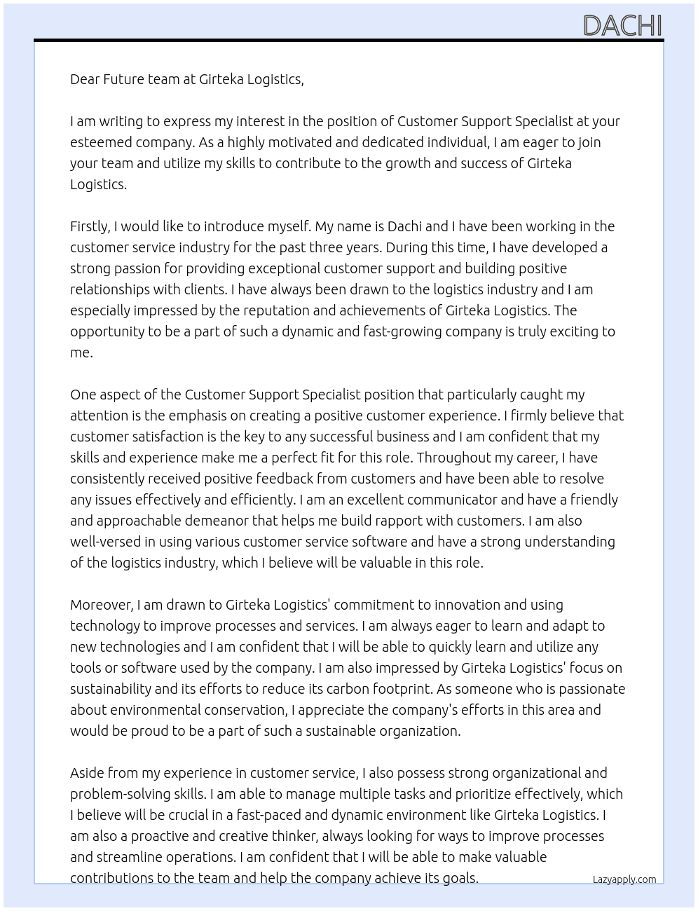 Customer Support Specialist At Girteka Logistics Cover Letter