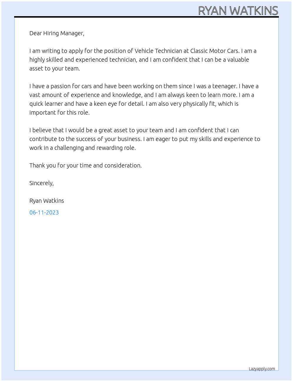 VEHICLE TECHNICIAN At Classic Motor Cars Cover Letter