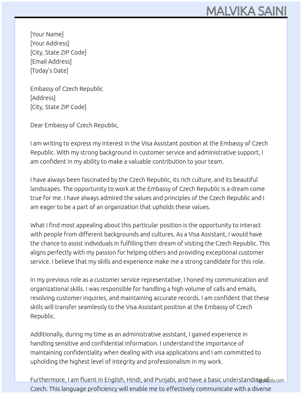 Visa Assistant At Embassy of Czech Republic Cover Letter