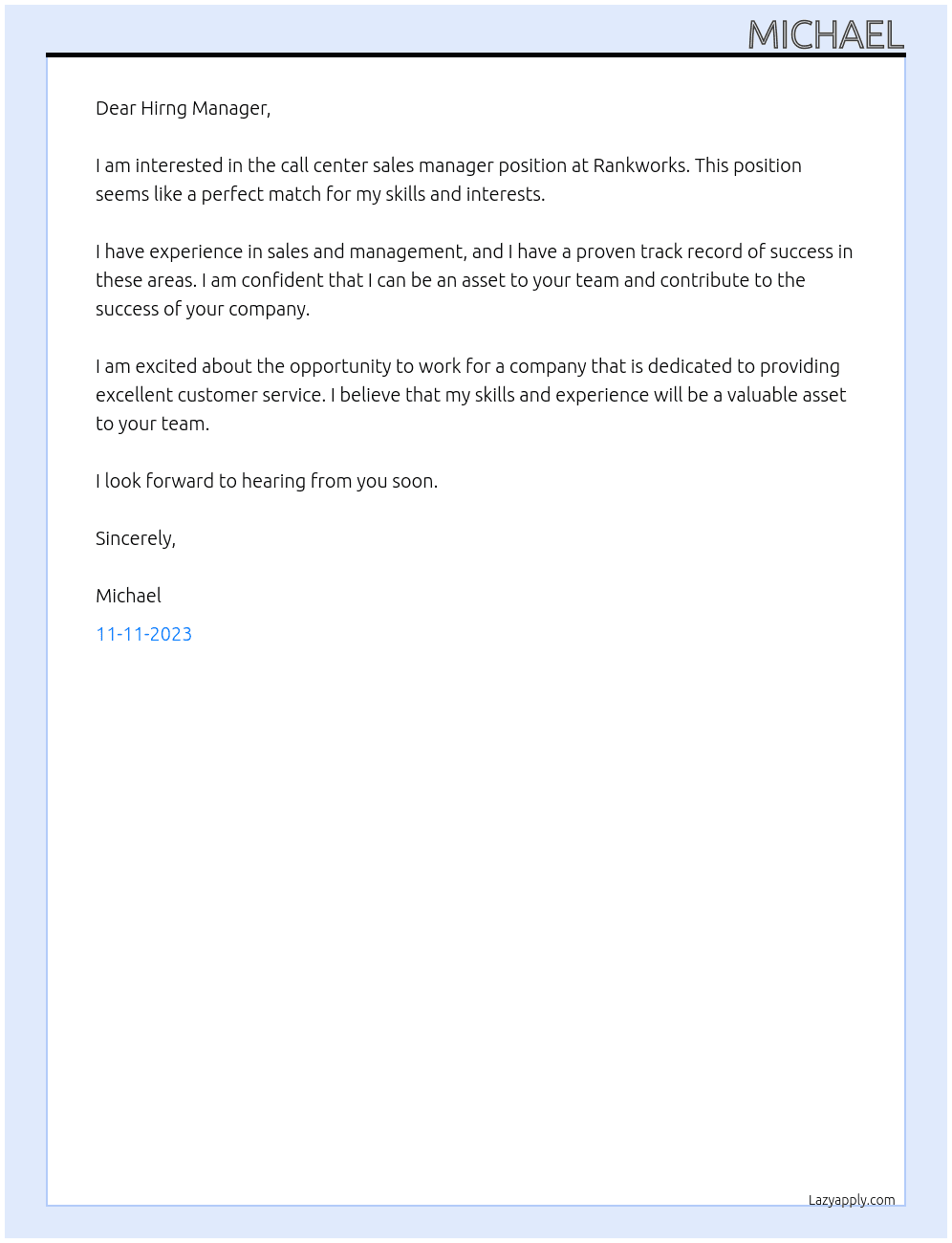 call center sales manager At Rankworks Cover Letter