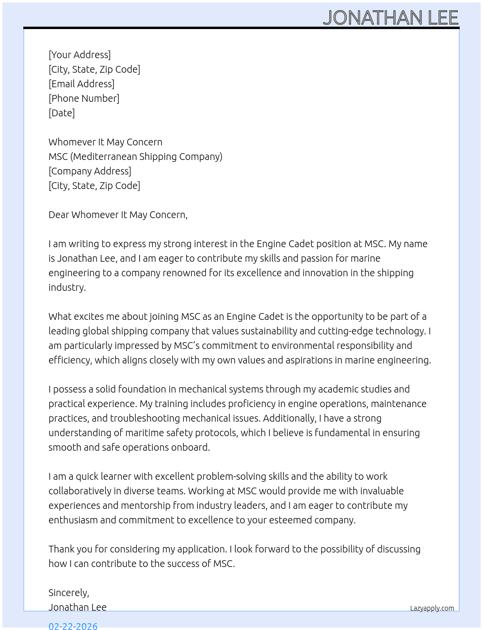 Engine Cadet At MSC Cover Letter