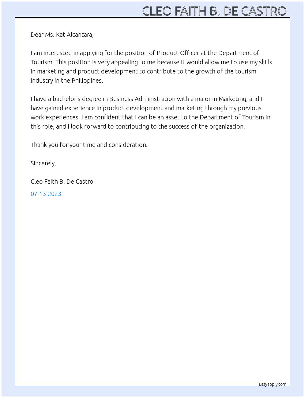 Product Officer At Department of Tourism Cover Letter