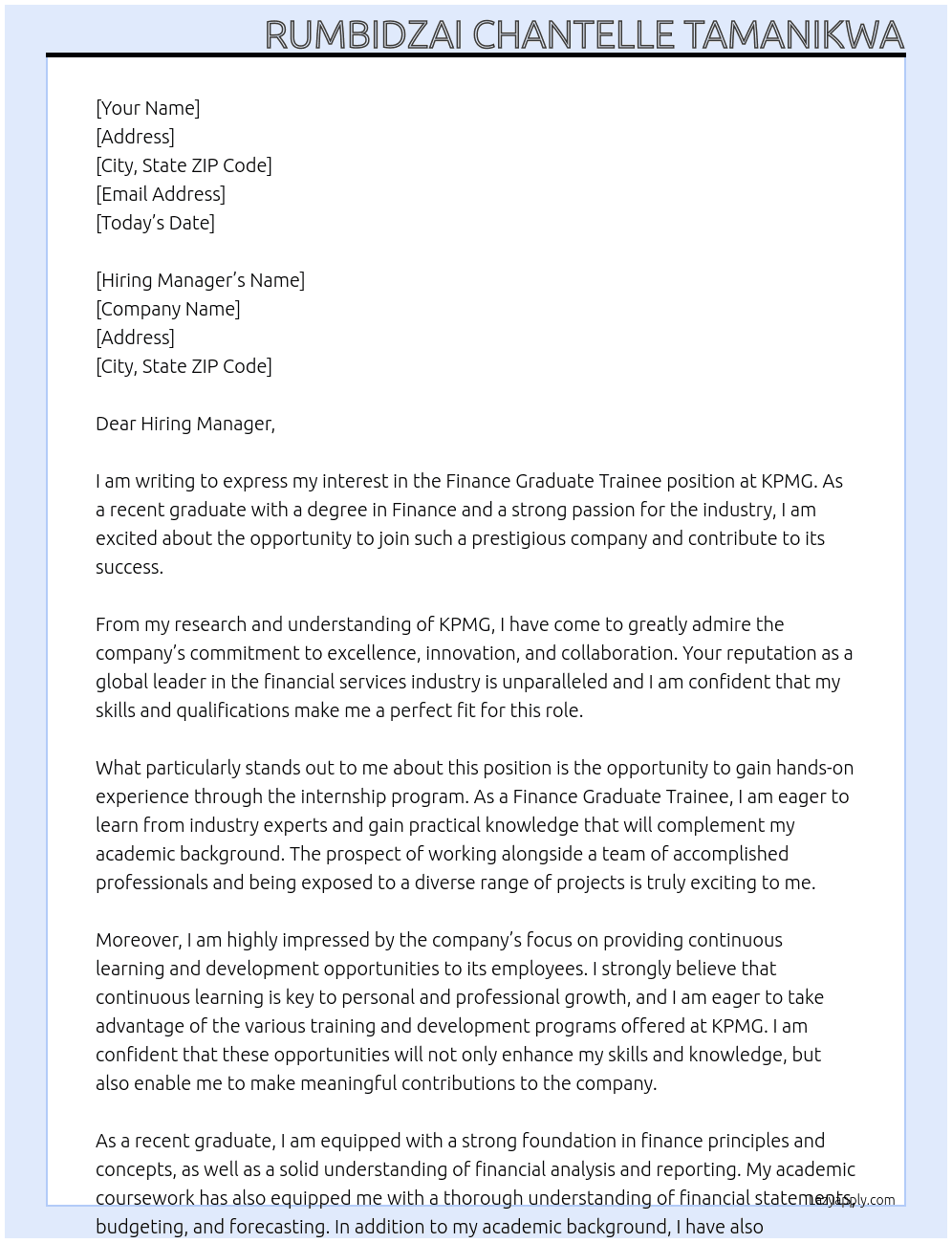 Finance Graduate Trainee  At KPMG Cover Letter