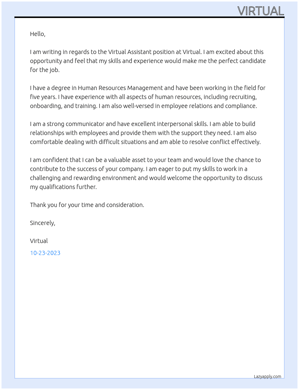 Virtual  assistant  At Virtual  Cover Letter