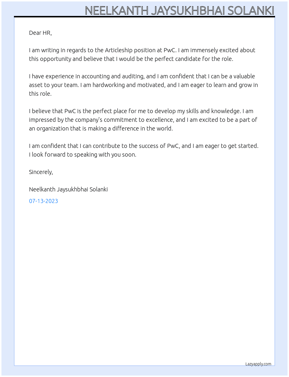 Articleship At PWc Cover Letter