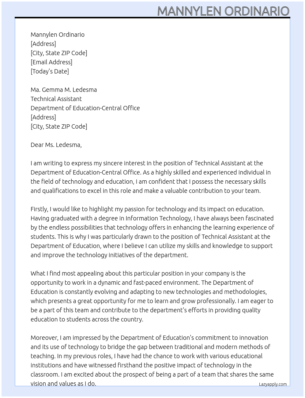 technical assistant At department of education-central office Cover Letter