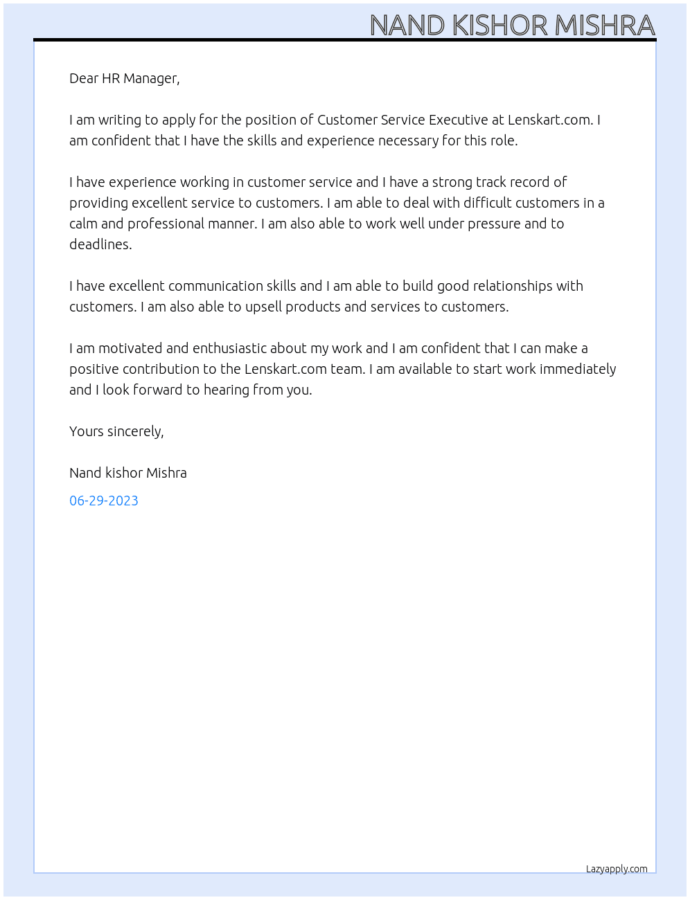  Customer Service Executive At Lenskart.com Cover Letter