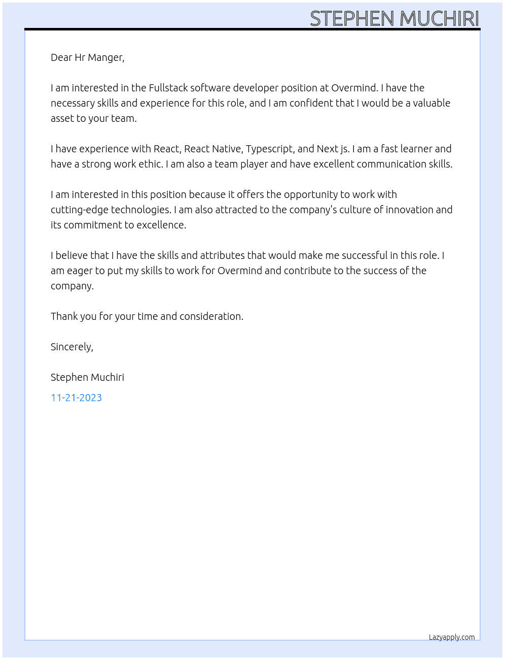 Fullstack software developer At Overmind Cover Letter