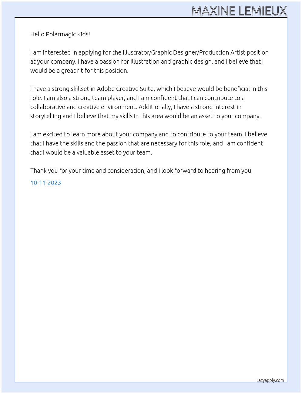 Illustrator/Graphic Designer/Production Artist At Polarmagic Kids Cover Letter
