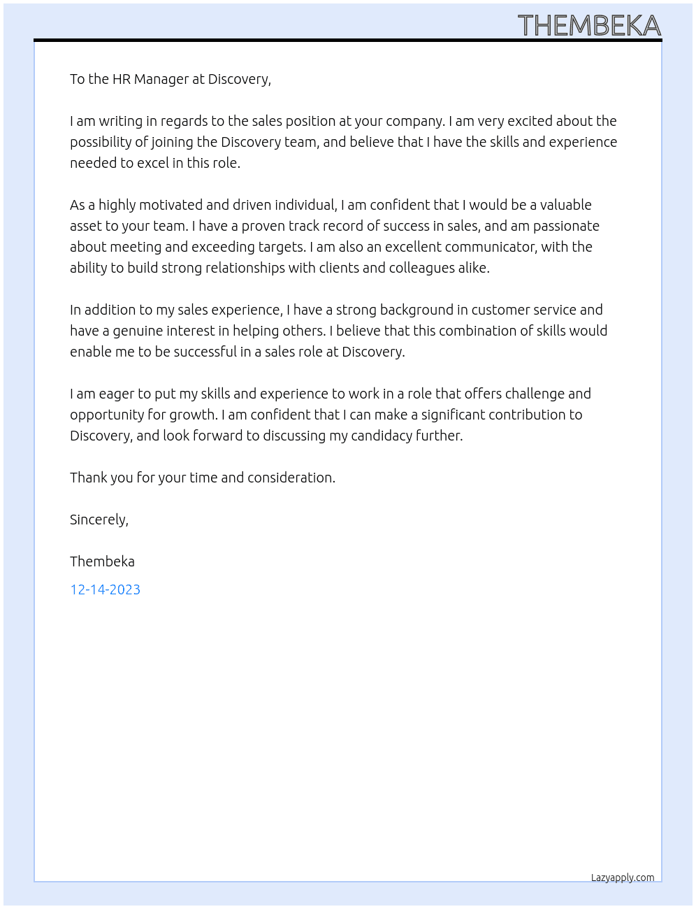 sales At Discovery Cover Letter