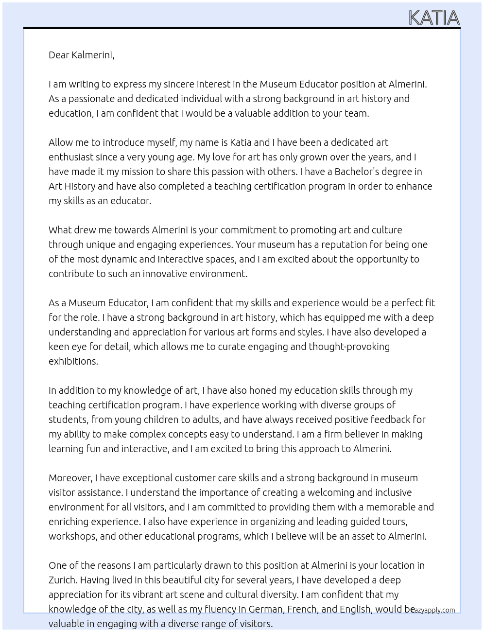Museum Educator At Almerini Cover Letter