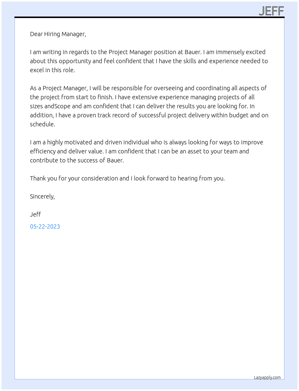 Project manager At Bauer Cover Letter