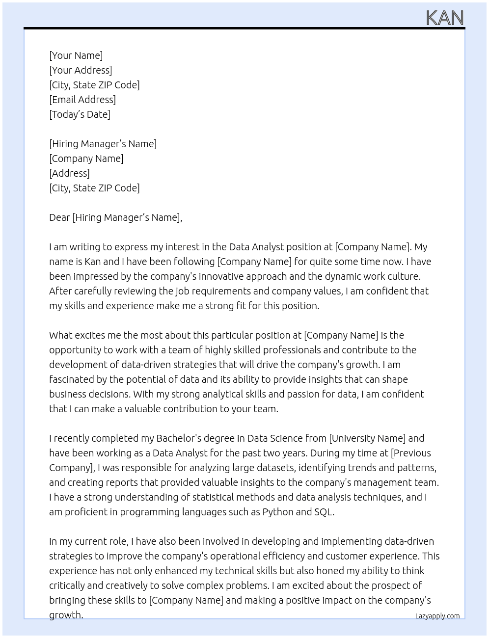data analyst At tah Cover Letter