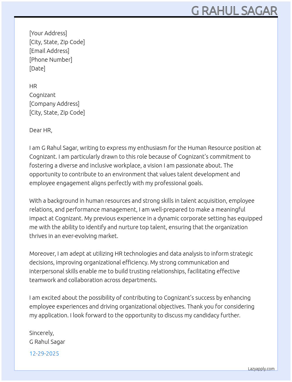 HUMAN RESOURCE At COGNIZANT Cover Letter